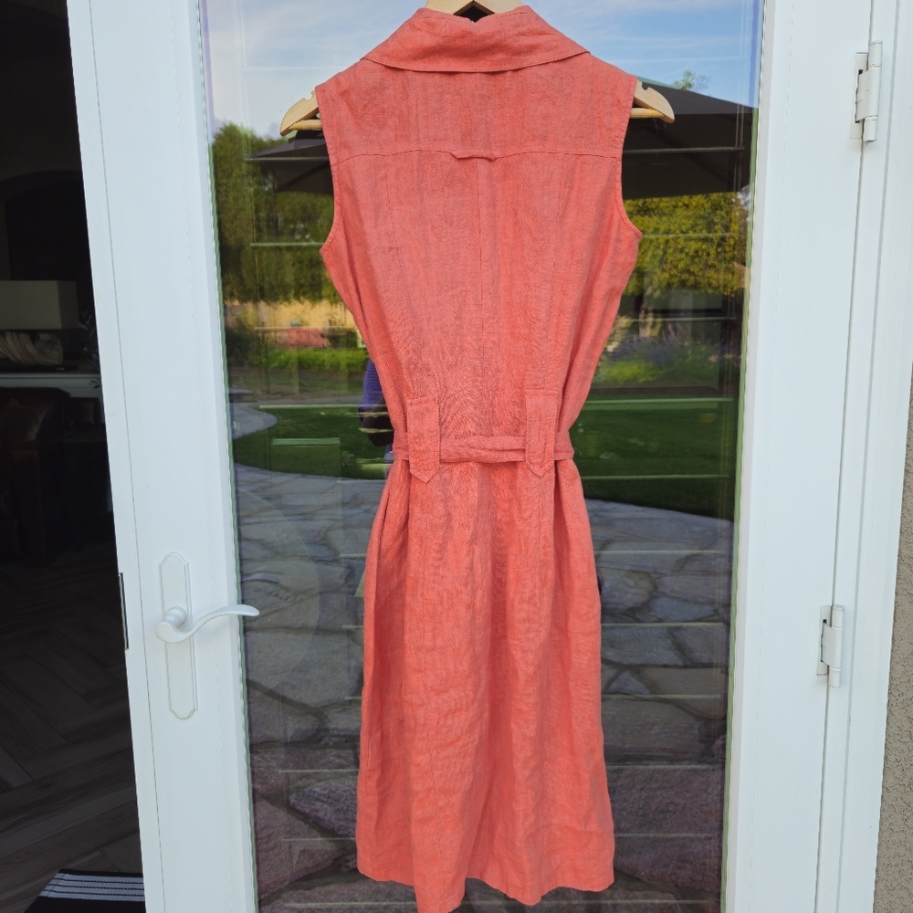 100% LINEN  button up tie waist coral dress, sleeveless w collar 052 - Picture 2 of 8